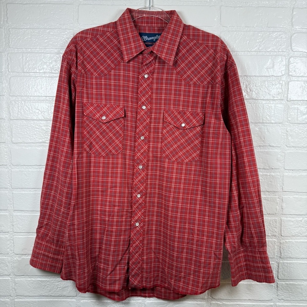 Vintage Wrangler X-Long Tails Shirt Mens L 16.5-35 Red Plaid Pearl Snap Western
